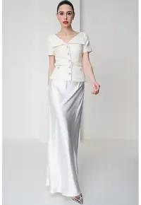 Self Portrait - Rochie maxi combi cu aplicatii cu margele - Crem
