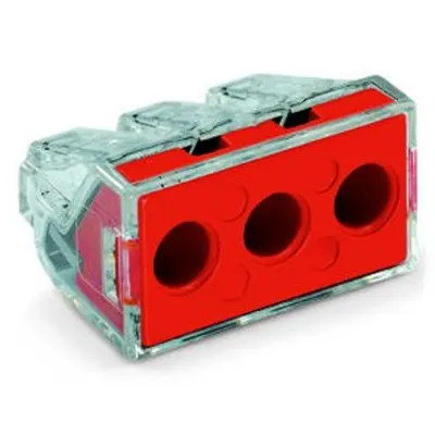 PUSH WIRE® connector for junction boxes; for solid and stranded conductors; max. 6 mm²; 3-conductor; transparent housing; red cover; Surrounding air temperature: max 60°C; 6,00 mm²
