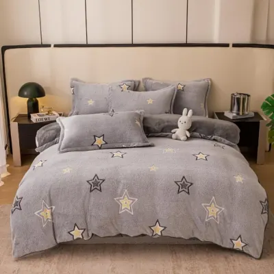 Lenjerie pat dublu, Super Pufoasa COCOLINO,cu ELASTIC, 4 piese, Jojo Home, Gri, Stelute