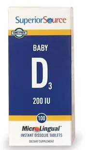 Vitamina D3 pentru bebeluși și copii, 200 UI, 100 tablete sublinguale, Superior Source