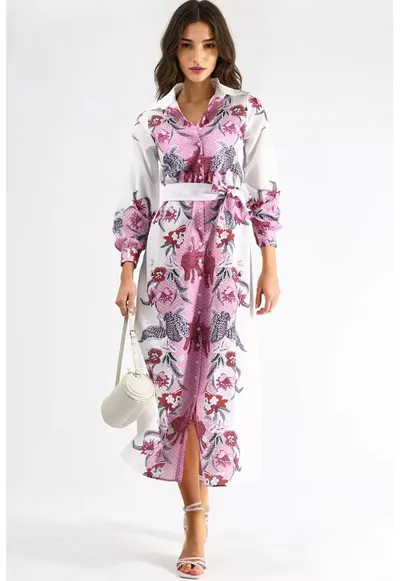 Rochie midi cu imprimeu - maneca lunga - poliester si lycra - alb/roz