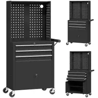 HOMCOM Cărucior de Scule din Oțel cu Blat de Lucru, 3 Sertare, Dulap, Panouri Perforate, Roți, Negru | Aosom Romania