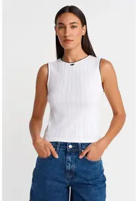 Vesta din bumbac slim fit - alb - cu detalii striate - pentru femei