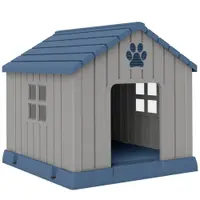 PawHut Căsuță pentru Câini din Plastic pentru Exterior, Impermeabilă, pentru Câini de Talie Medie cu Bază Ridicată, Ferestre și Acoperiș pentru Grădină, Patio, Terasă, Casă și Interior, 85x79x82 cm, Gri | Aosom Romania