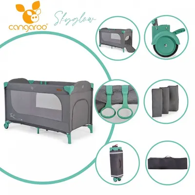 Patut Cangaroo SkyGlow Mint pliabil cu un nivel, usita cu fermoar, geanta transport, roti cu sistem de blocare