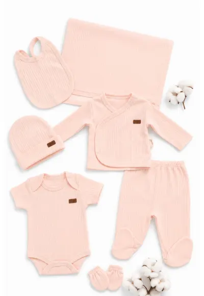 Set bebe nou nascut roz piersica 7 piese din bumbac ribat cu body si paturica - 0-3 luni - Fete