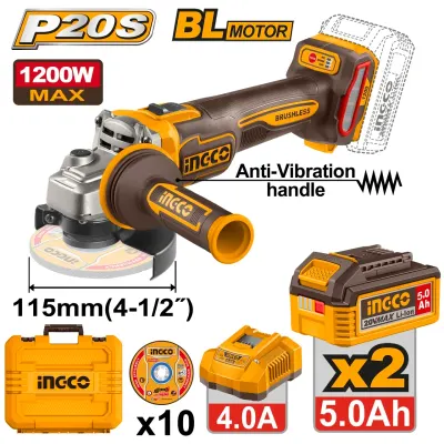 Flex Unghiular Industrial 20V 115mm 1200W Brushless INGCO CAGLI2120252E, 3000/6000/9000 rpm, filet M14, maner anti-vibratii, 2 acumulatori 5Ah + incarcator + accesorii incluse