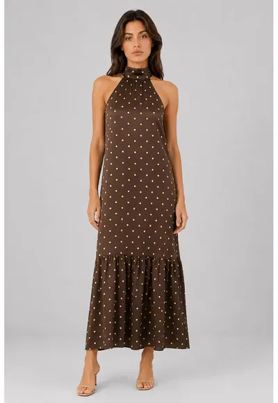Rochie maxi - buline - fara maneci - culoare maro cafea - 100% lyocell