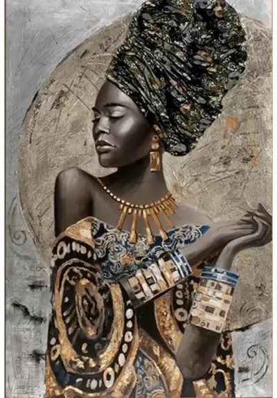 Goblen diamant MagicArt - Africancă cu bijuterii aurii, 40 x 50 cm, cu mărgele rotunde