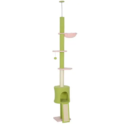 PawHut Copac pentru pisici de la podea la tavan 5 niveluri înălțime reglabilă 220-240 cm platforme floare cu zgârietor cușcă hamac verde | Aosom Romania