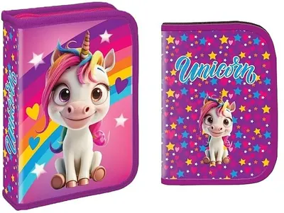 Penar cu rechizite S. Cool - Rainbow Unicorn, cu 1 fermoar, 32 piese