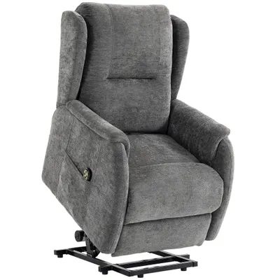 HOMCOM Fotoliu TV relax cu funcție de ridicare pentru seniori, aspect chenille, cu telecomandă și buzunare laterale, Gri închis | Aosom Romania