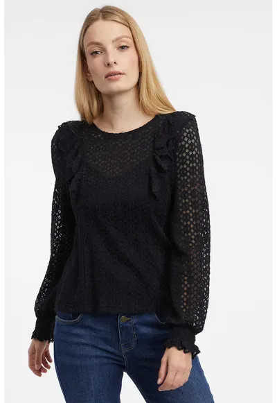 Bluza de dantela cu volane - Negru