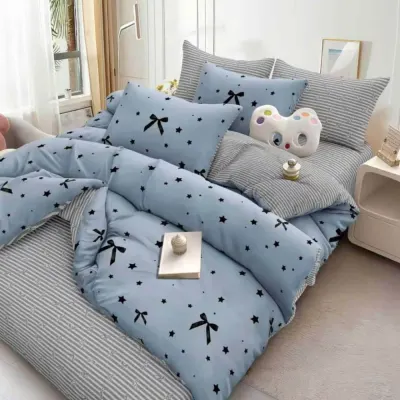 Lenjerie pat dublu, bumbac satinat, cearsaf clasic, 4 piese, Albastru fundite