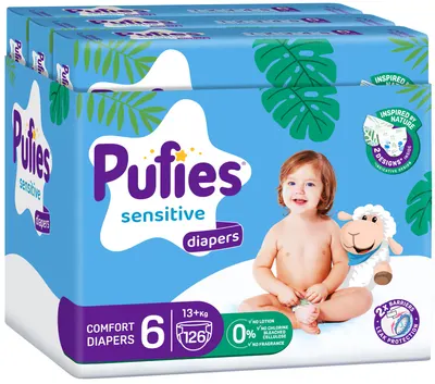 Scutece bebeluși Pufies Sensitive - Extra Large, mărime 6, 126 buc, 13+ kg, 3 х Maxi Pack