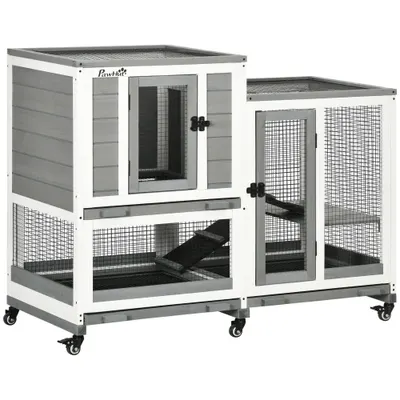 PawHut Clapier interior lemn cu roți 3 etaje rampe, 110L x 50l x 86H cm, gri și alb | Aosom Romania