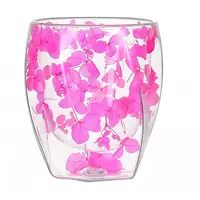Pahar din sticlă, pereți dubli, flori uscate, hortensie roz, 250 ml