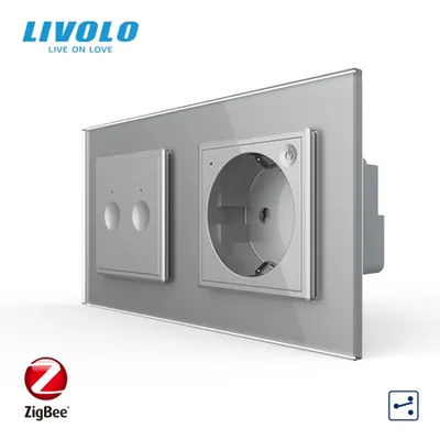 Intrerupator tactil dublu cap/scara Zigbee + priza Schuko Zigbee, generatia noua, cu rama sticla Gri