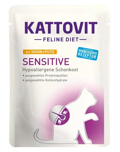 KATTOVIT Feline Diet Sensitive hrana umeda dietetica pentru pisici cu alergii alimentare, pui si curcan 85 g