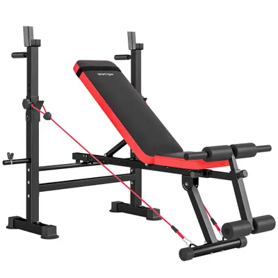 SPORTNOW Bancă Multifuncțională de Fitness cu Suport pentru Greutăți și Reglaje Ajustabile, Bancă de Greutăți cu Stație de Imersiuni, Extensie pentru Picioare, Abdomene, 2 Benzi, Capacitate 420kg, Antrenament acasă | Aosom Romania