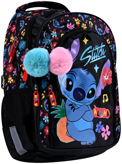 Ghiozdan școlar St. Right Stitch - Black Aloha, 4 compartimente