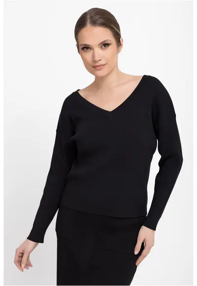 Pulover dama cu nervuri - cu decolteu in V - S-Tika - Regular Fit - Negru - Negru