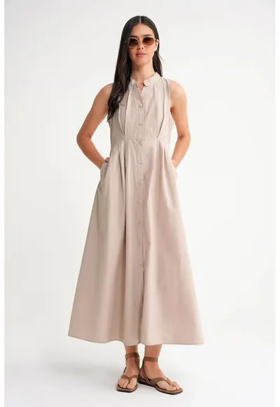 Rochie maxi - HiCCUP - guler tippet - cu nasturi - bej - textil