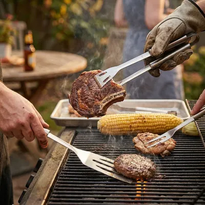 Set 3 ustensile pentru grătar – inox, 35 cm: spatulă, furculiță și clește