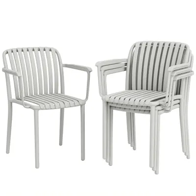 Outsunny Set 4 Scaune de Grădină Stackabile din Polipropilenă Anti-UV, Design Lamelar cu Cotiere, pentru Terasă Balcon Exterior Interior, Gri | Aosom Romania