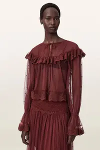 AllSaints bluză cu volane pentru femei din dantelă UNRULY SUSIE LS TEE