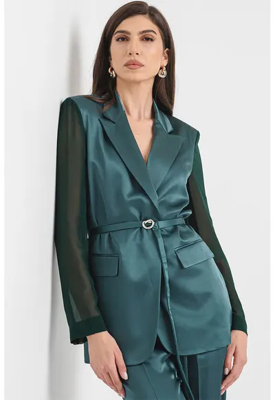 Sacou cu aspect satinat si maneci semitransparente - Verde englez