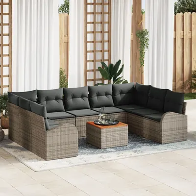 Set canapea gradina Gossi 10 piese gri cu pernite ratan poli acacia, canapea gradina Gossi 2 persoane cu spatiu de depozitare si pernite gri ratan poli