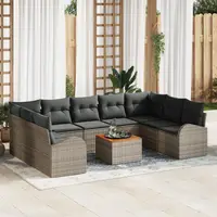 Set canapea gradina Gossi 10 piese gri cu pernite ratan poli acacia, canapea gradina Gossi 2 persoane cu spatiu de depozitare si pernite gri ratan poli