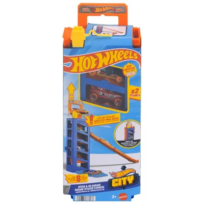 Set de joaca cu 2 masini, Hot Wheels, Mini Garage Speed&Go Garage, JMJ53