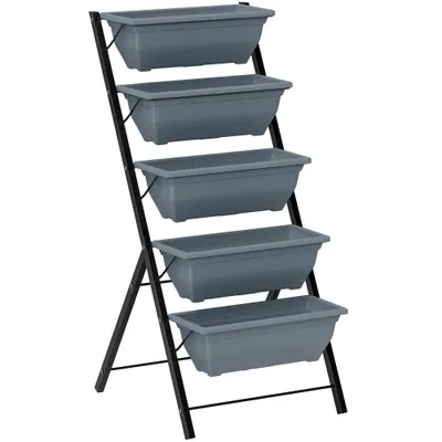 Outsunny Jardinieră înălțată cu niveluri jardinieră verticală cu 5 ghivece orificii de drenaj cadru din oțel gri | Aosom Romania