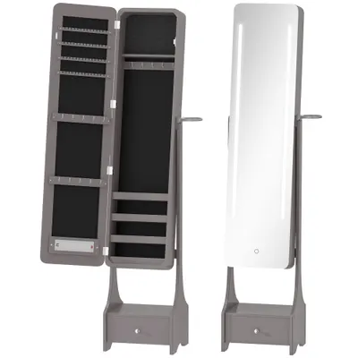 HOMCOM Oglindă-dulap pentru bijuterii cu lumini LED Dulap bijuterii cu oglindă full-length reglabilă pe unghi Sertar Oprire automată a luminilor Gri | Aosom Romania