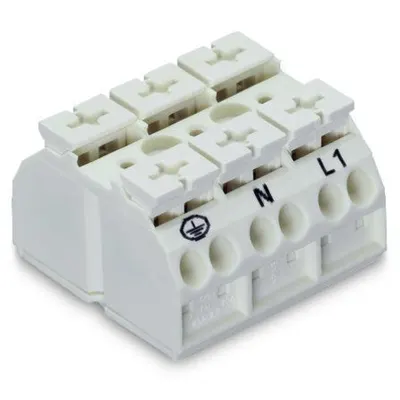 4-conductor chassis-mount terminal strip; 3-pole; PE-N-L1; with ground contact; 1 snap-in foot per pole; 4 mm²; 4,00 mm²; white