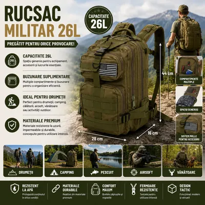 Rucsac 26L, De Drumetie, Impermeabil, Sistem MOLLE, Multiple Compartimente