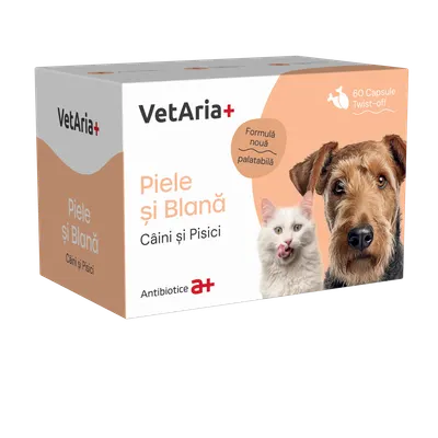 Supliment piele si blana pentru caini si pisici, VetAria+, 60 capsule, twist-off