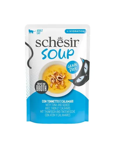 Supă pisici ton și calamar SCHESIR Soup 40 g pentru hidratare