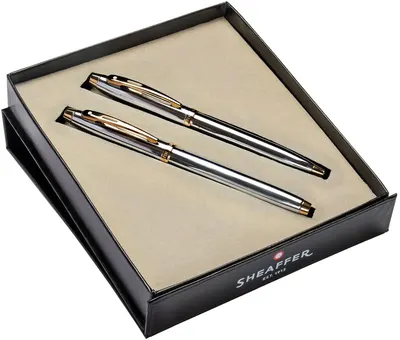 Set stilou și pix cu bilă Sheaffer 100 - Bright Chrome with Gold Trim