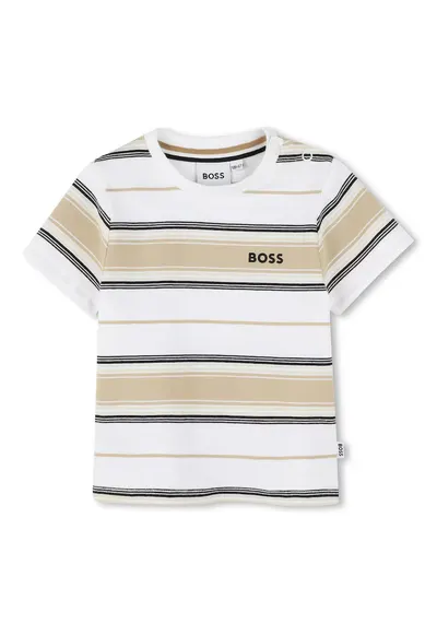 Tricou cu model in dungi si detaliu logo - Alb/Bej