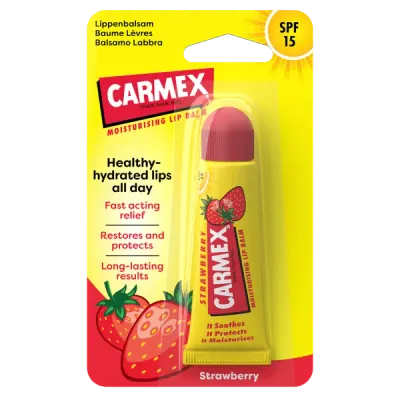 Balsam reparator pentru buze uscate si crapate cu aroma de capsuni SPF15, Carmex | 10 g