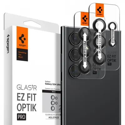 Folie de protectie Camera Spate Spigen GlastR EZ FIT Optik Pro pentru Samsung Galaxy S24 Ultra S928, Sticla Securizata, Set 2 bucati, Neagra AGL07425