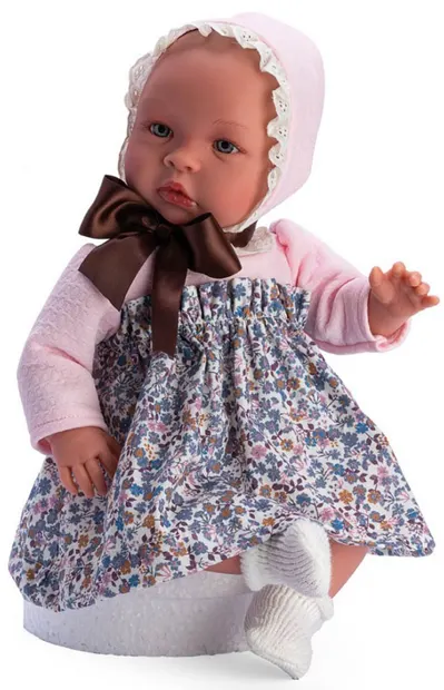 Papusa Asi - Baby Leia, cu rochie din flori albastre si o funda mare maro, 46 cm