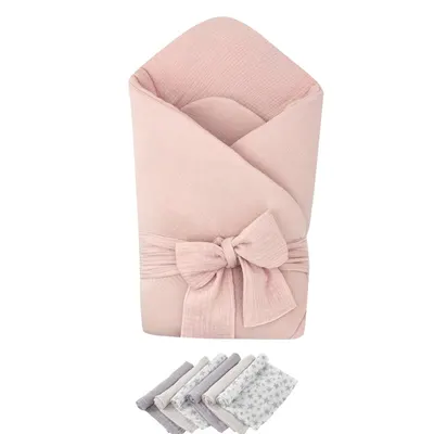 Pachet Paturica de infasat Pink, Qmini, Din muselina dubla si 6 scutece 35x35 cm din muselina de bambus
