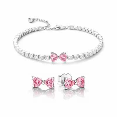 Set bijuterii Cercei si Bratara Pink Bow Cu Argint