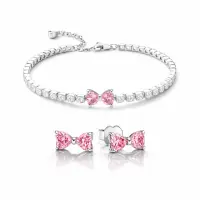 Set bijuterii Cercei si Bratara Pink Bow Cu Argint