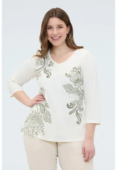Bluza cu decolteu in V si imprimeu floral - Verde/Bej deschis