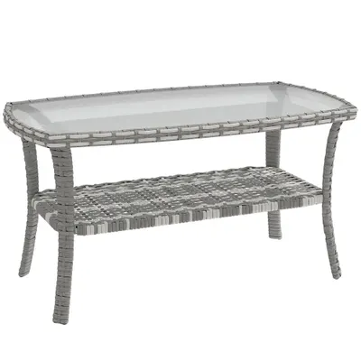Outsunny Masă de grădină exterioară dreptunghiulară din ratan cu raft blat din sticlă securizată cu model ondulat 90x50x45 cm Gri închis | Aosom Romania
